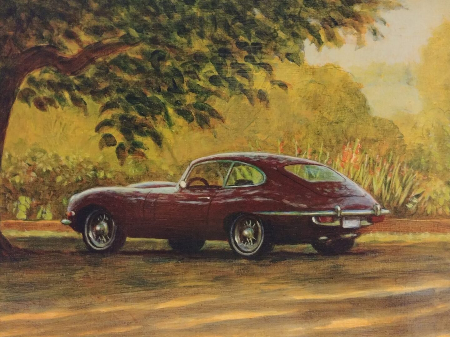 A painting of an old car parked on the side of a road.