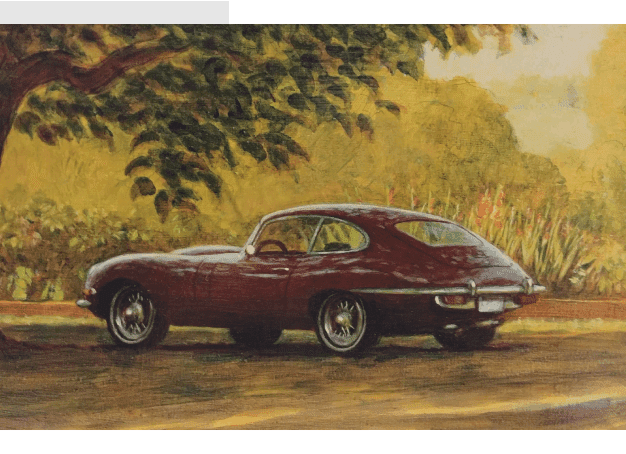 A painting of an old car on the side of the road.